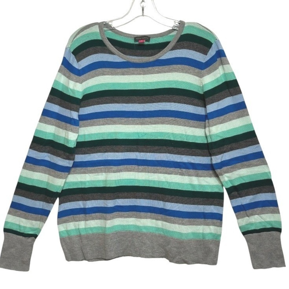 Vince Camuto Women Blue Green Stripe Knit Crewneck Sweater Versatile Coastal XL